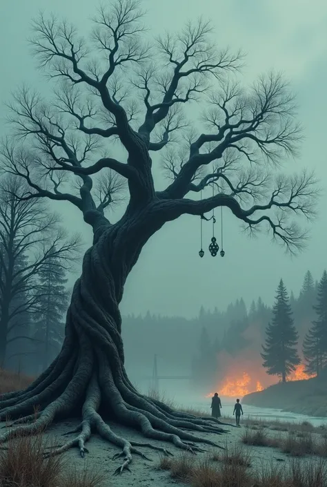 The tree  should have a heavy dark evil aura. The fire in the background is consuming a small village. 