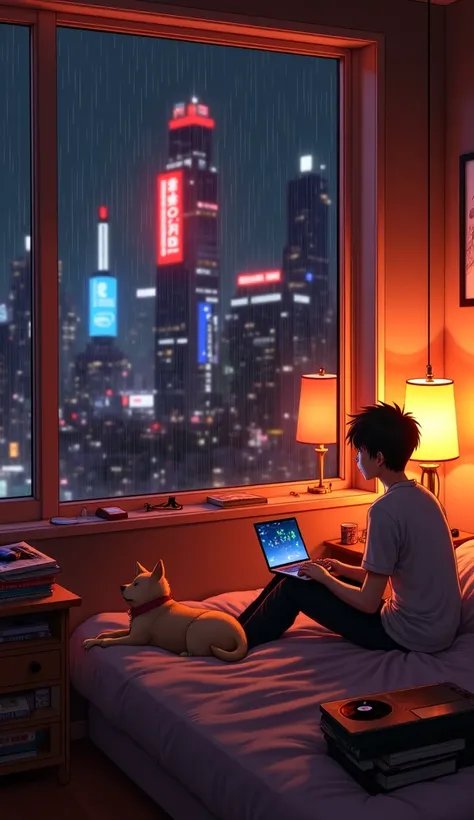 A cozy anime-style bedroom at night, illuminated by neon signs casting a soft pink, blue, and purple glow. A age guy sits by a large rain-covered window with his dog in a bed and playing ps5 by holding the remote controller in his hand , back view of the g...