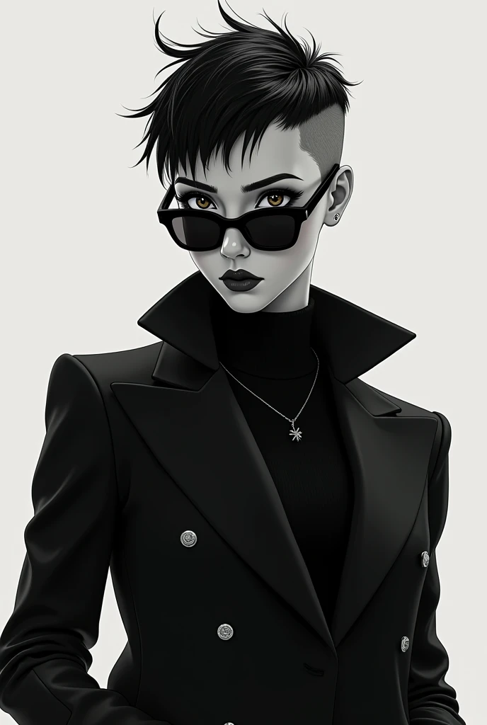 A tomboy girl has a wolfcut haircut and is wearing a suit and sunglasses black and white 