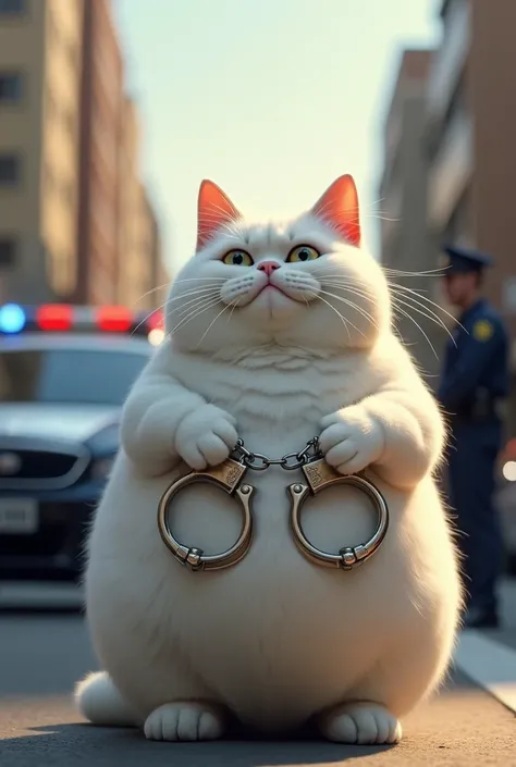 A big white fat cat wearing catena on his hand by policeman and police car is around him