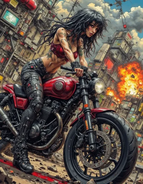 young sexy woman sitting on a motorcycle with a tattoo on her body, a tattoo by Adrian Zingg, tumblr, photorealism, motorcycle, motorcycles, motorbiker, beautiful curves, sitting on a motorcycle, inked, biker, sitting on cyberpunk motorbike, picture of a f...