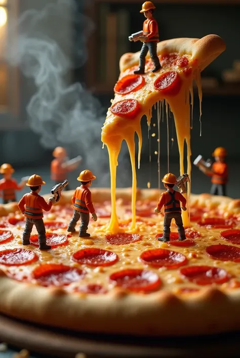 highly detailed and imaginative scene of a giant pepperoni pizza being worked on by tiny construction workers. The cheese is melting and stretching as a crane lifts a pizza slice, with gooey cheese strings connecting it to the rest of the pizza. The worker...