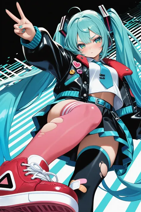 masterpiece, best quality, amazing quality, very aesthetic, 1girl,solo,hatsune miku,foreshortening,teal eyes,teal hair,cropped jacket,open jacket,skirt,straps,thighhighs,sneakers,street_fashion,bomber jacket,glitter,colored eyelashes,midriff peek,from belo...