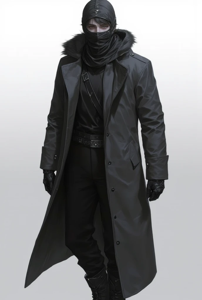 *((photorealism:1.2),20 years old,The character wears a long, dark gray coat, with buttons on the front that give it a practical and functional look. Underneath the coat, there's an all-black outfit that includes a jacket and trousers, adding a stealthy an...