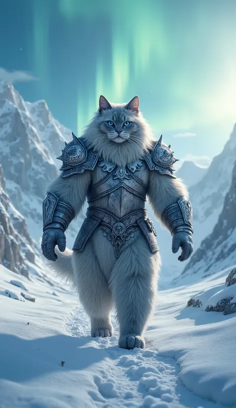 "A fierce towering massive, muscular humanoid Ragdoll cat warrior walking towards the camera in a snow-covered valley. Its broad, muscular body is covered in long, fluffy blue and cream fur, while its deep blue eyes shine with quiet strength and resolve. T...