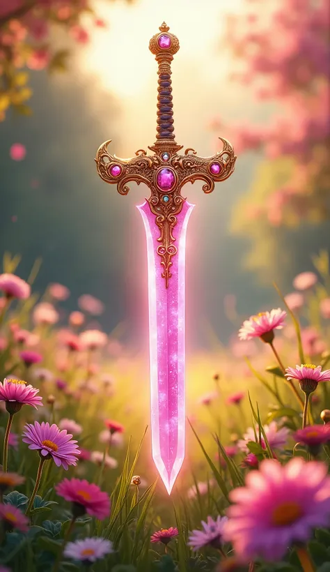 Create a high-resolution, highly detailed image of a pink sword with a golden handle, adorned with colorful gems intricately set into the design. The sword should be floating gracefully in a sunny and peaceful meadow, surrounded by a vibrant array of flowe...