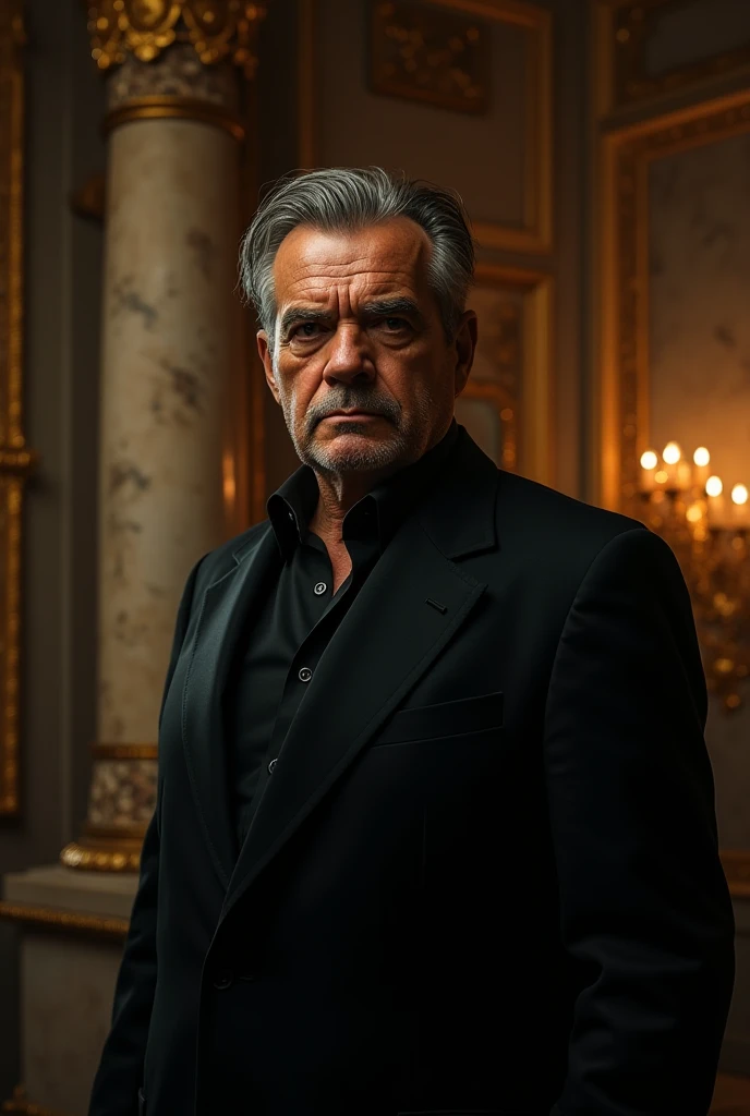 Mature man white skin black eyes penetrating Italian features and features mobster's face and bad gray hair wears a very expensive black suit he is in a castle Rome Italy 