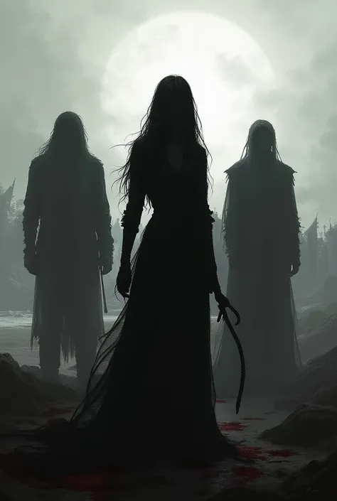 Make 4 people from the coast as if they were a shadow 2 boys and 2 women one of the women is holding a whip and behind them is a bloody camp