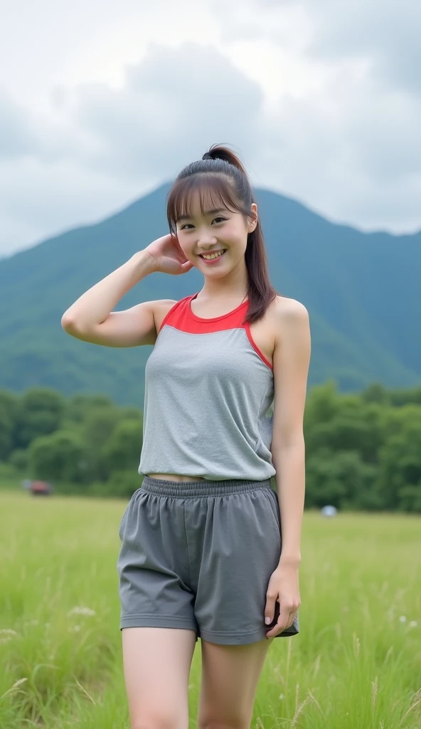 A clear, full-body photo of a beautiful Japanese woman standing in a grassland with a mountain backdrop. She's wearing a gray and red tank top and gray shorts. She has her hair tied up in a high ponytail and is smiling at the camera. The woman is standing ...