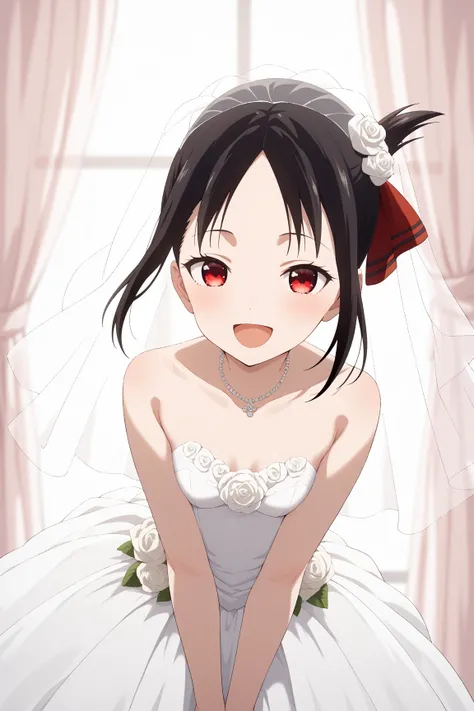 masterpiece,best quality,{{detailed beautiful face and eyes}}, very detailed background,
Shinomiya Kaguya,{{{megami magazine}}},short hair,black hair,folded ponytail,parted bangs,sidelocks,hair ribbon,red ribbon,red eyes,small breasts,
1woman,hairstyle: (w...