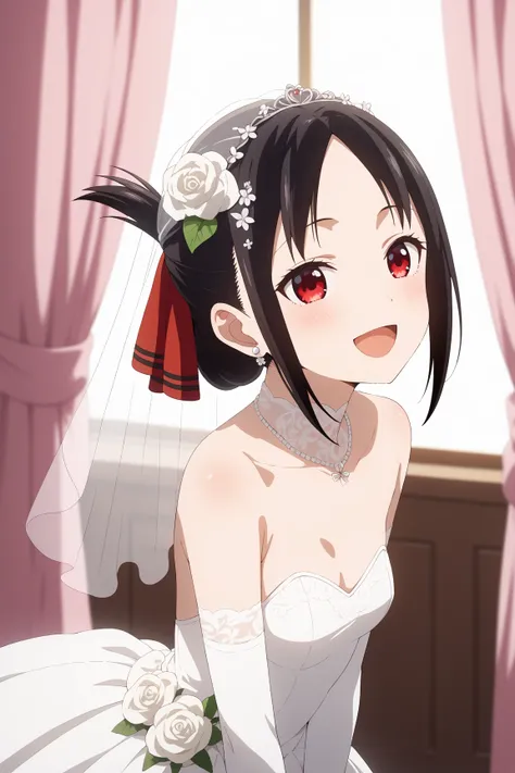 masterpiece,best quality,{{detailed beautiful face and eyes}}, very detailed background,
Shinomiya Kaguya,{{{megami magazine}}},short hair,black hair,folded ponytail,parted bangs,sidelocks,hair ribbon,red ribbon,red eyes,small breasts,
1woman,hairstyle: (w...