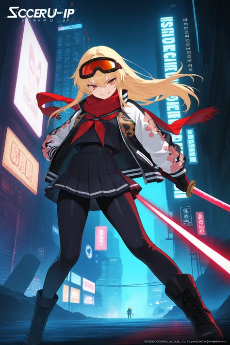 score_9, score_8_up, score_7_up, score_6_up, score_5_up, score_4_up,anime artwork masterpiece,best quality, unreal engine, ultra res, extremely detailed, One Girl,blonde hair,long hair,biker goggles on head,black sailor suit,Red sailor scarf,black micro pl...