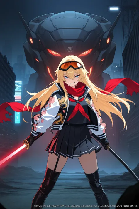 score_9, score_8_up, score_7_up, score_6_up, score_5_up, score_4_up,anime artwork masterpiece,best quality, unreal engine, ultra res, extremely detailed, One Girl,blonde hair,long hair,biker goggles on head,black sailor suit,Red sailor scarf,black micro pl...