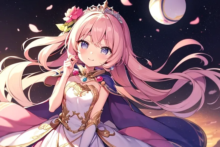 (solo), focus on character, (kawaii), (masterpiece), (best quality), (ultra detailed face), (rococo style gown), (long train pastel pink cape:1.3), (long train white ball gown:1.1), wide flared skirt, gown with flower decorations, (a girl is wearing a long...