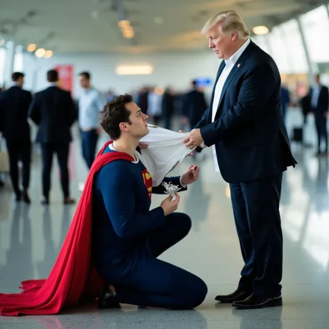 On Busy Airport scene, a man in a black dress pants tearing his white business shirtwith both hands, showing S Logo of superman.taking off an unbuttoned white shirt, showing the blue Superman suit under his torn at breast clothes. holds a very large diamon...