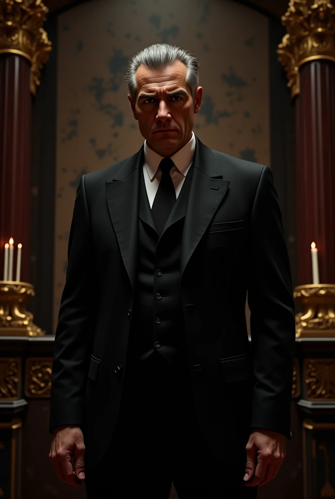 Mature mobster man white skin cold and penetrating black eyes Italian features and factions bad gray-haired face wears a very expensive black suit he is in a castle Rome Italy 