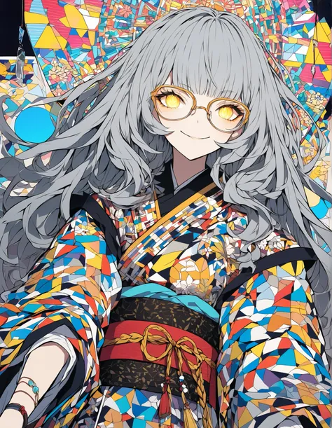 Glasses、Glasses、glowing eyes、long hair, gray hair, masterpiece, top quality, very beautiful, absurd, with bangs, glasses, yellow eyes, yellow eyes, Glasses、 more details:1.3,  super delicate and detailed face :1.3, (  is ridiculous,  texture , masterpiece)...