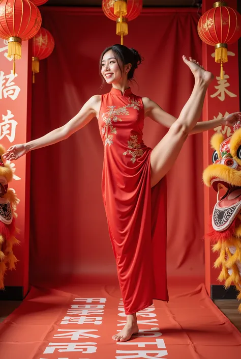 standing split， masterpiece,  high quality ,  Best Quality , Aesthetic ,  masterpiece,  Best Quality ,  Very beautiful , Ridiculous,  very detailed , A beautiful woman wearing a traditional red cheongsam celebrating the new year,  surrounded by bright red ...