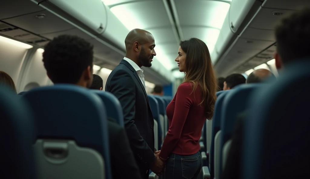 a woman standing next to a man on an airplane, by Tahir Salahov, excessivism, people screaming, black man, terrifying!!!, manipulation, bleeding audience, professional, no logo!!!, real life picture, realistic ”, - 12p, english, no extra ears, expert, deva...