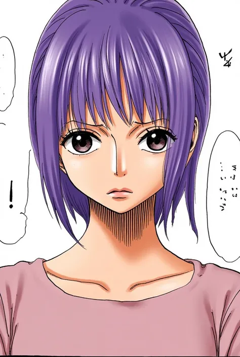 20-year-old woman with short purple hair tied from the torso up apologizing regretfully from the torso up 