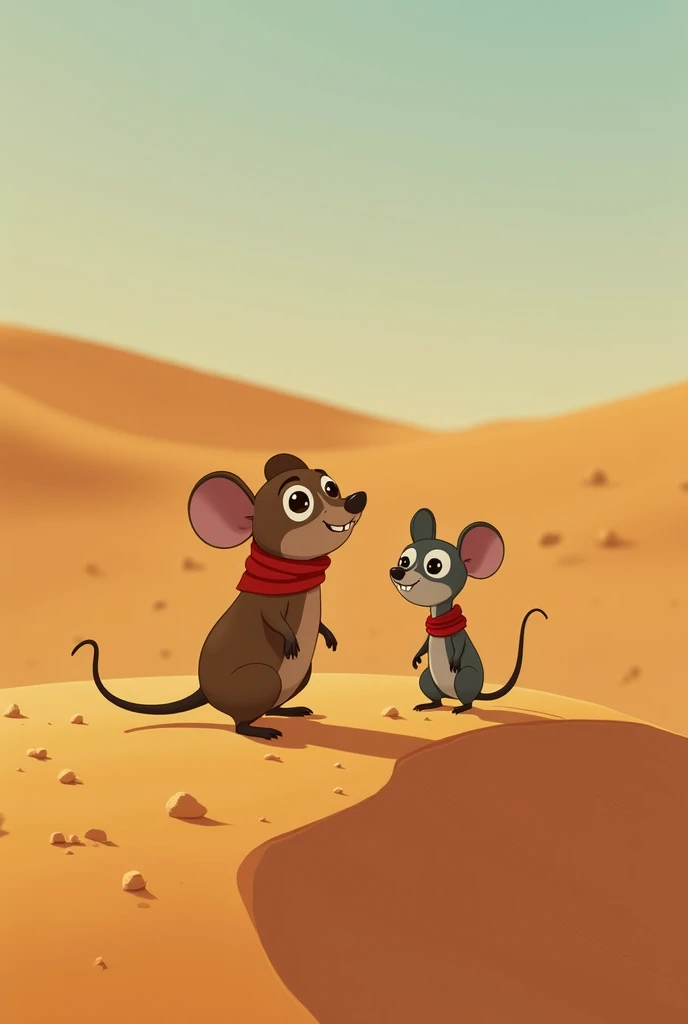  That's when he heard a strange sound .  a small mouse , With the name Anaver ,  appeared among the dunes .  Anaver was fleeing a cruel circus ,  where he spent his days in a cage ,  far from freedom .  The two looked at each other with suspicion at first ...