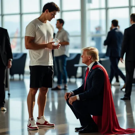 On Busy Airport scene, a man in a casual sportswear(a nike white  t-shirt, black shorts, and basketball Jordan shoes )holds a very large diamond, US President Trump stand by Superman. Superhuman sits on his knees and begs US President Trump for forgiveness...