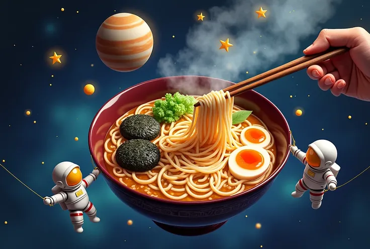 Ramen Dreams": A cozy scene showing a steaming ramen bowl floating in space, with noodles swirling into a spiral galaxy. The chopsticks are shooting stars, egg halves are tiny moons, and nori pieces form constellations. Tiny astronauts made of corn kernels...