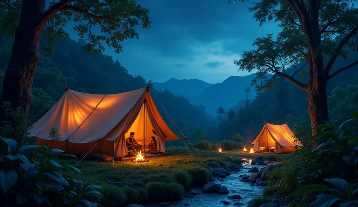 create a camping atmosphere in Indonesia complete with tents at night