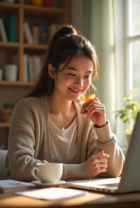 A busy mom with s playing in the background ,  while she eats a healthy snack or works on the computer.