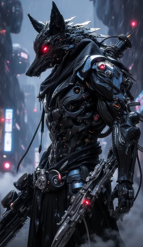 "A futuristic cyber-steampunk wolf bounty hunter, wearing high-tech armor with mechanical enhancements. His left eye is a glowing red cybernetic implant, scanning for his next target. His right paw holds a steam-powered shotgun, while his belt is lined wit...