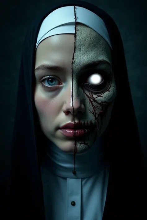 "A horror movie poster featuring a nun with her face split into two contrasting halves. The left side shows a beautiful young nun with fair skin, blue eyes, and a single tear rolling down her cheek, expressing sadness. The right side reveals a demonic vers...