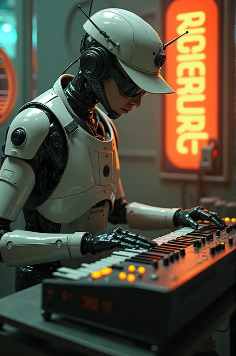 Retro cyborg in Nicholas cap plays synth with pussy wich "sabmixer"