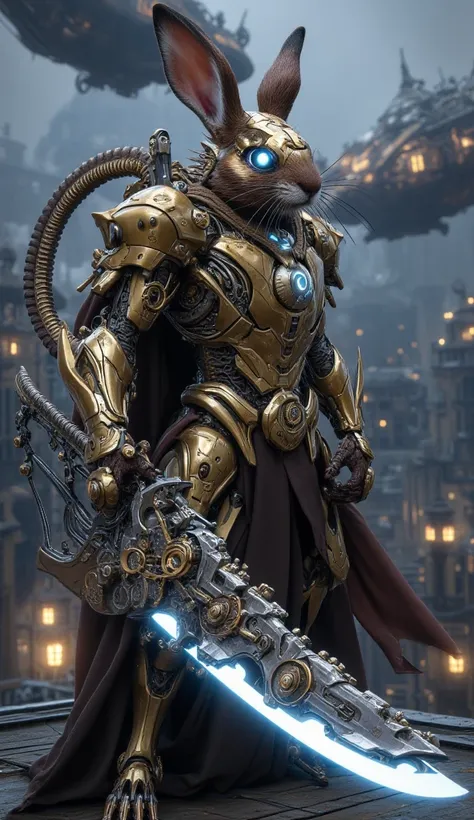 "A rabbit knight in a steampunk-inspired world, wearing brass and leather armor with mechanical gears embedded into the design. The rabbit’s helmet has tiny glowing lenses, and its gauntlets emit a faint blue light. It carries a steam-powered sword with in...