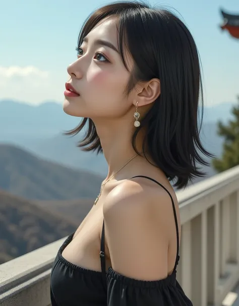 ( profile of a super cute Korean female college student looking up at the sky:1.2)(pout faced:1.2)( I'm happy:1.1)(16k,  RAW photos ,  top quality, masterpiece: 1.2),( cute bob cut with glossy black hair )  more details,  Super Resolution, (Genuine, Genuin...