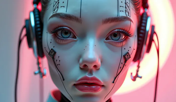 Complex 3D rendering, super detailed, beautiful porcelain profile, android face, cyborg, robot parts, 150mm, beautiful studio soft light, rim light, vivid details, gorgeous cyberpunk, racing, surreal, anatomical, facial muscles, cable wires, microchip, ele...