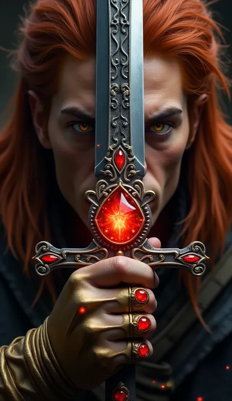 " Create the dramatic scene of a character holding an epic sword with a highly detailed design .  The sword is positioned vertically in the center ,  dividing the character's face in half .  In the guard of the sword ,  a large red crystal in the shape of ...