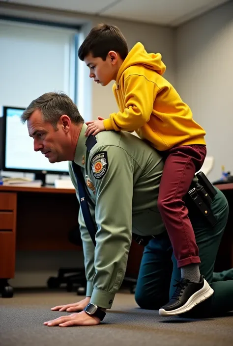 An American middle-aged police captain, in his 40s, a serious, mature, strong and muscular handsome white fair police officer with short black hair, some gray hair on his sideburns, wearing a well-fitting official formal light green color shirt with badge ...