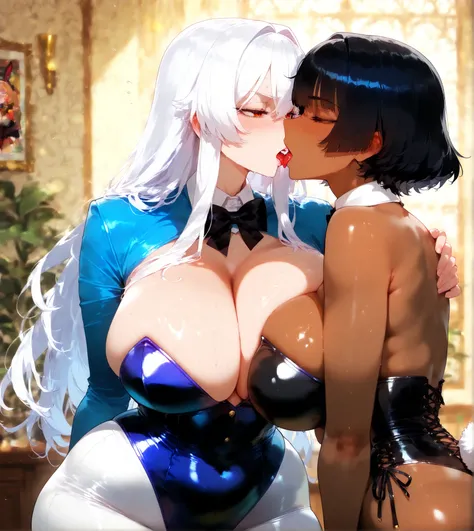 2 girl, Both of them are kissing big breasts, bunny suit, light skin,  white hair,  short hair,  dark skin,  black hair ,  long hair, bunny suit, CORSET, alta resolución, vapor, boca abierta,  they stick out their tongue ,  sweat face , 