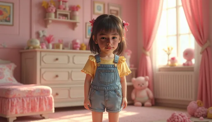 hyper realistic korean girl stands with her jean overalls pulled down to her ankles, wearing frilly yellow shirt and a diaper, inside pink baby nursery