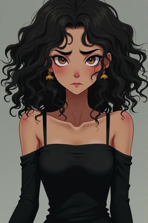 Animation,  ,  with dark and curly hair ,  black dress,  hair tie earring, angry expression,  various poses 