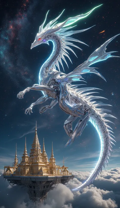 "A massive dragon with shimmering iridescent scales, gliding through a cosmic sky filled with swirling galaxies and shooting stars. Its wings are semi-transparent, glowing like the aurora borealis, and its eyes radiate ancient wisdom. Below, a floating tem...