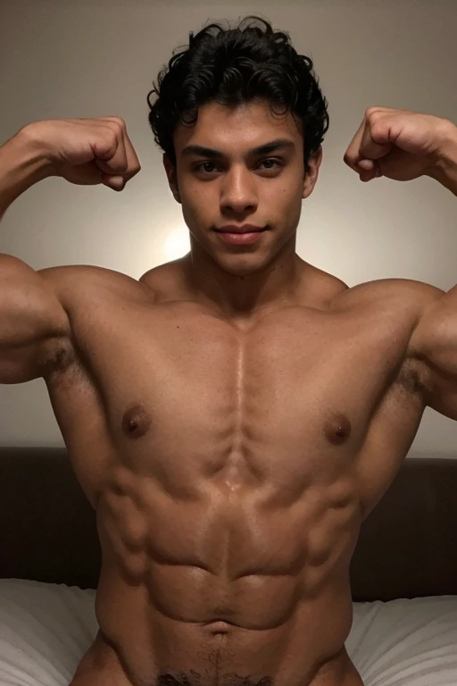 close up selfie of muscular bodybuilder boy 18 years old tan skin curly black hair large shoulders large pecs laying in bed at night in a dark dimly lit bedroom looking at camera flexing muscles and making a flirty face, dimly lit, single light source