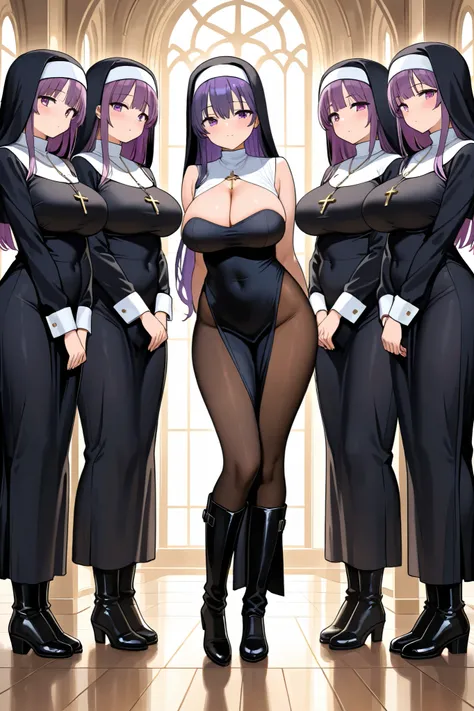 NSFW,masterpiece, top quality, high resolution, very detailed, purple hair, long hair,紫色の目,Big Breasts, nun,Monastic Clothes, sleeveless, detachable sleeves , pantyhose, long boots, Sister , cleavage