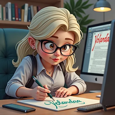 Woman in her 30s with brown eyes and glasses, with yellow hair ,  very long and wavy, writing a book with the name  "Yolanda"  in elegant letters , big and bright in full color 