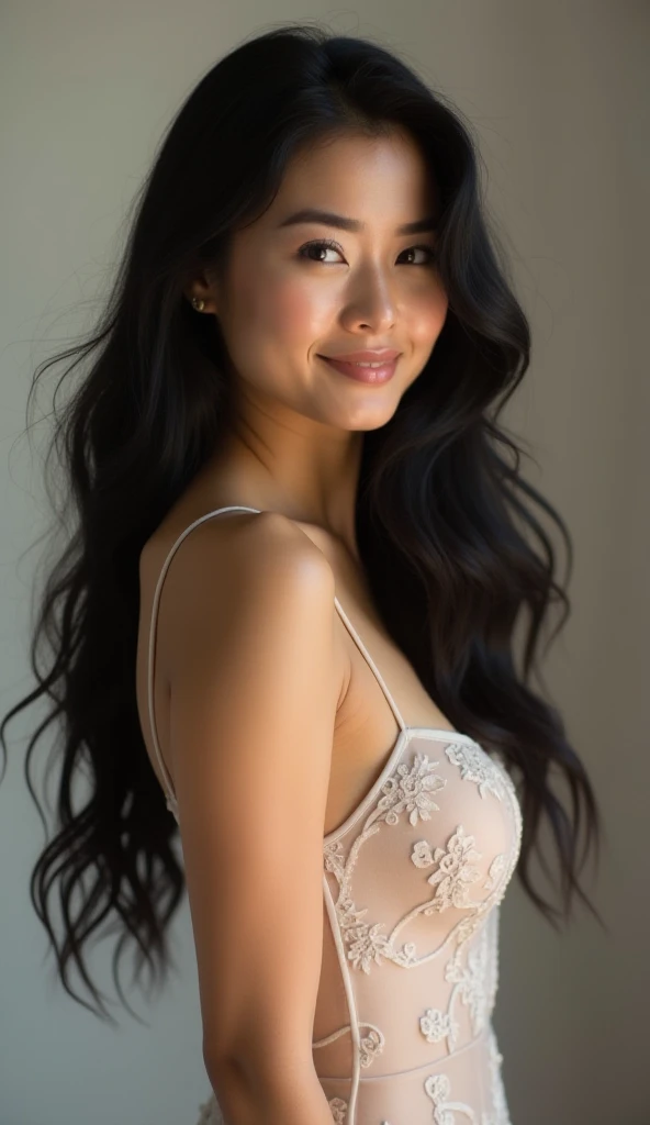 A beautiful woman with a sexy aura, long flowing black hair, wearing a thin, sheer white dress that elegantly accentuates her curves, including a full and proportionate bust. Her expression radiates charm and warmth, with a calming smile. Her posture is gr...