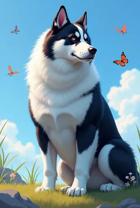 Manly white and black dog with blue background and 
Butterflies around