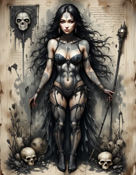 score_9, score_8_up, score_7_up, score_6_up,

fusion of watercolors and oil paintings, mix of monochrome and color, black ink. 4K quality, digital drawing mode,a sketch book with anatomically description of a dark beautiful female necromancer with long rav...