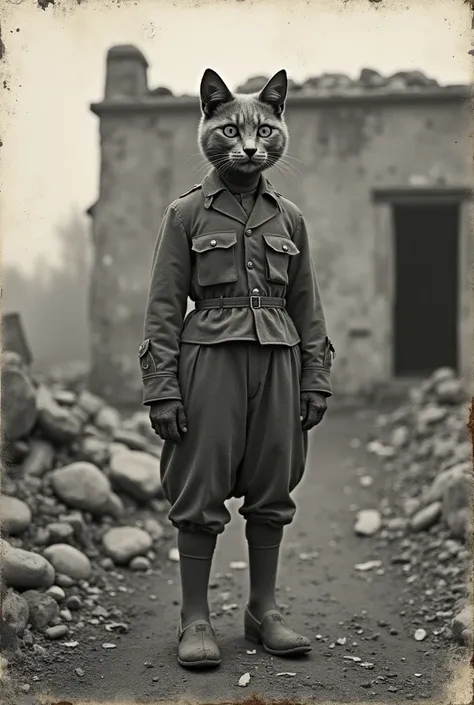 Low quality grainy Old black and white 1940s photo of bunlch cat soldier with four legs in battlefield in front of building