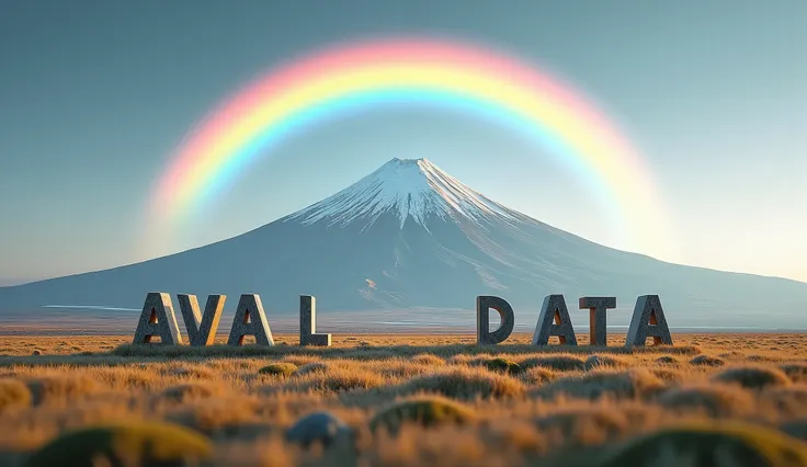 8k, super high resolution ,  top quality, Masterpiece,rule of thirds,golden ratio, surreal, photos,The letters 、「Mountain with the letters AVAL DATA 」 with a rainbow hanging over the rain are floating in the air
