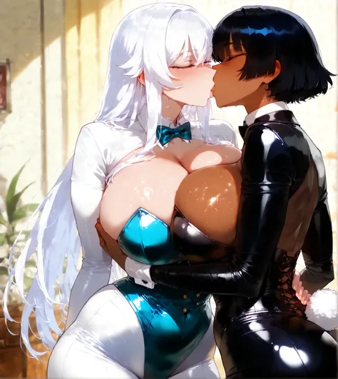 2 girl, Both are kissing, big breasts, bunny suit, light skin,  white hair,  short hair,  dark skin,  black hair ,  long hair, bunny suit, CORSET, alta resolución, vapor, boca abierta, sweat rostro, sweat